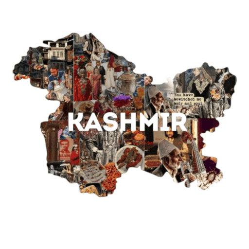 A creative collage of Kashmiri culture, cuisine, traditions, and heritage within the map of Kashmir.